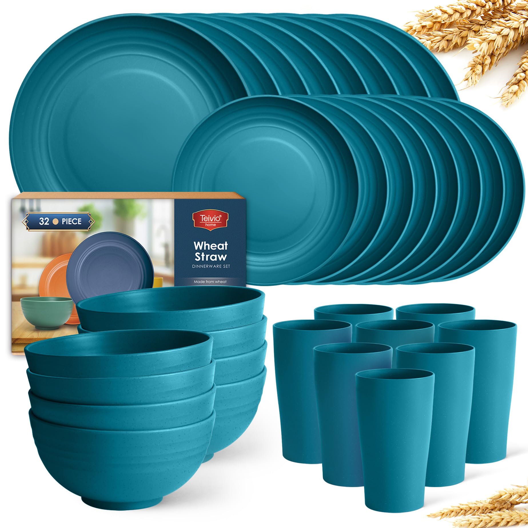 Photo 1 of Teivio 32-Piece Kitchen Plastic Wheat Straw Dinnerware Set, Service for 8, Dinner Plates, Dessert Plate, Cereal Bowls, Cups, Unbreakable Colorful Plastic Outdoor Camping Dishes, Dark Blue