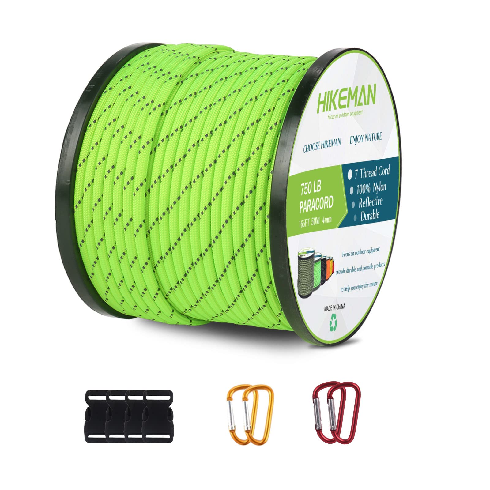 Nylon 750Lb Paracord 4mm Cord - 50m Parachute Cord with 7 Wires,Multifunction Reflective Outdoor Survival para cord(Fluorescent green)
