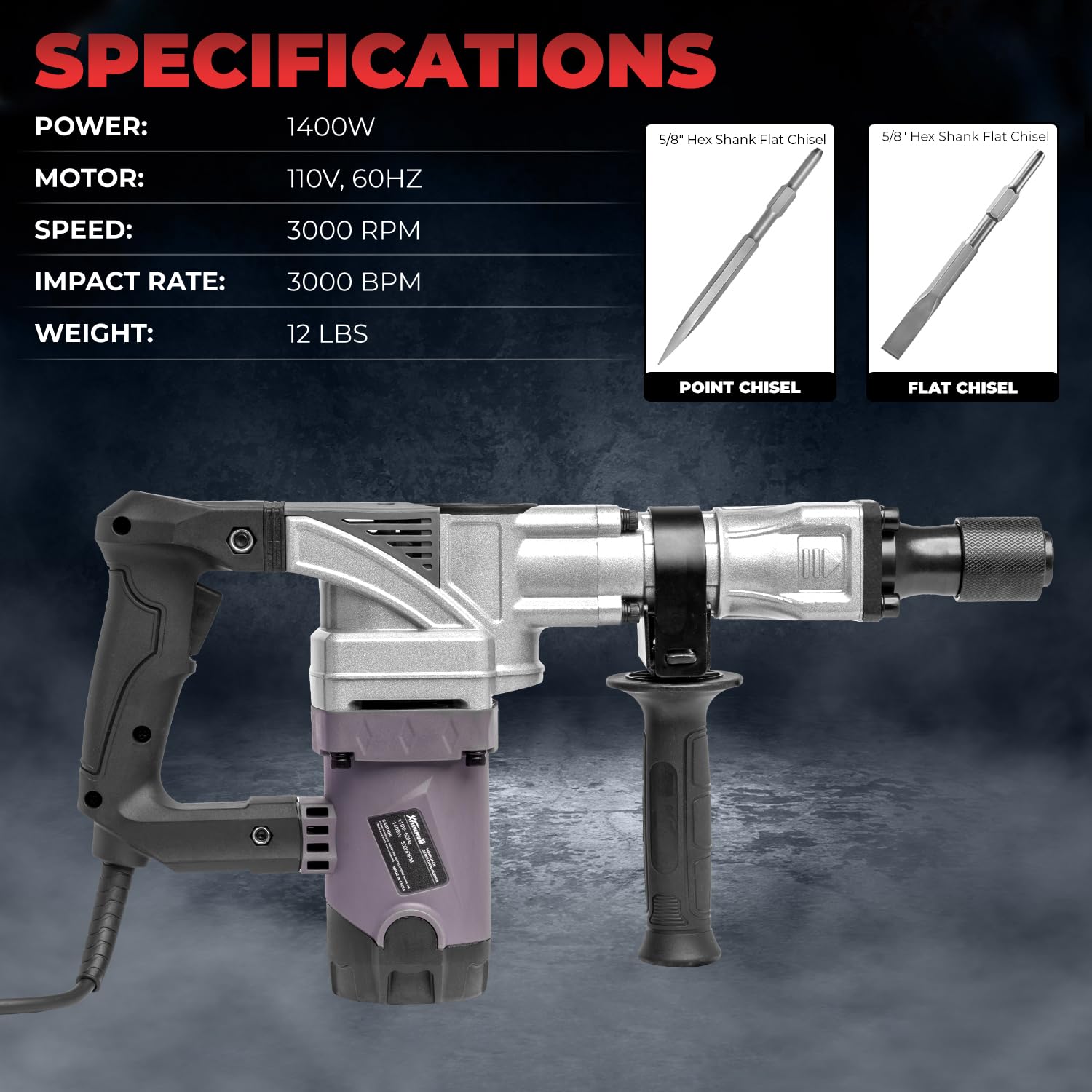 XtremepowerUS 1400W Demolition Electric Jack Hammer Point & Flat Chisel Bits Set 3000 BPM Construction Concrete Breaker Punch Chipping Carrying Case