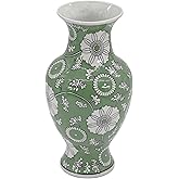 Galt International 14” Hand Painted Chinoiserie Ceramic Vase – Antique Style Porcelain Flower Bottle by Galt International, Fishtail Chinese Vase for Home Decor & Centerpiece - Green & White