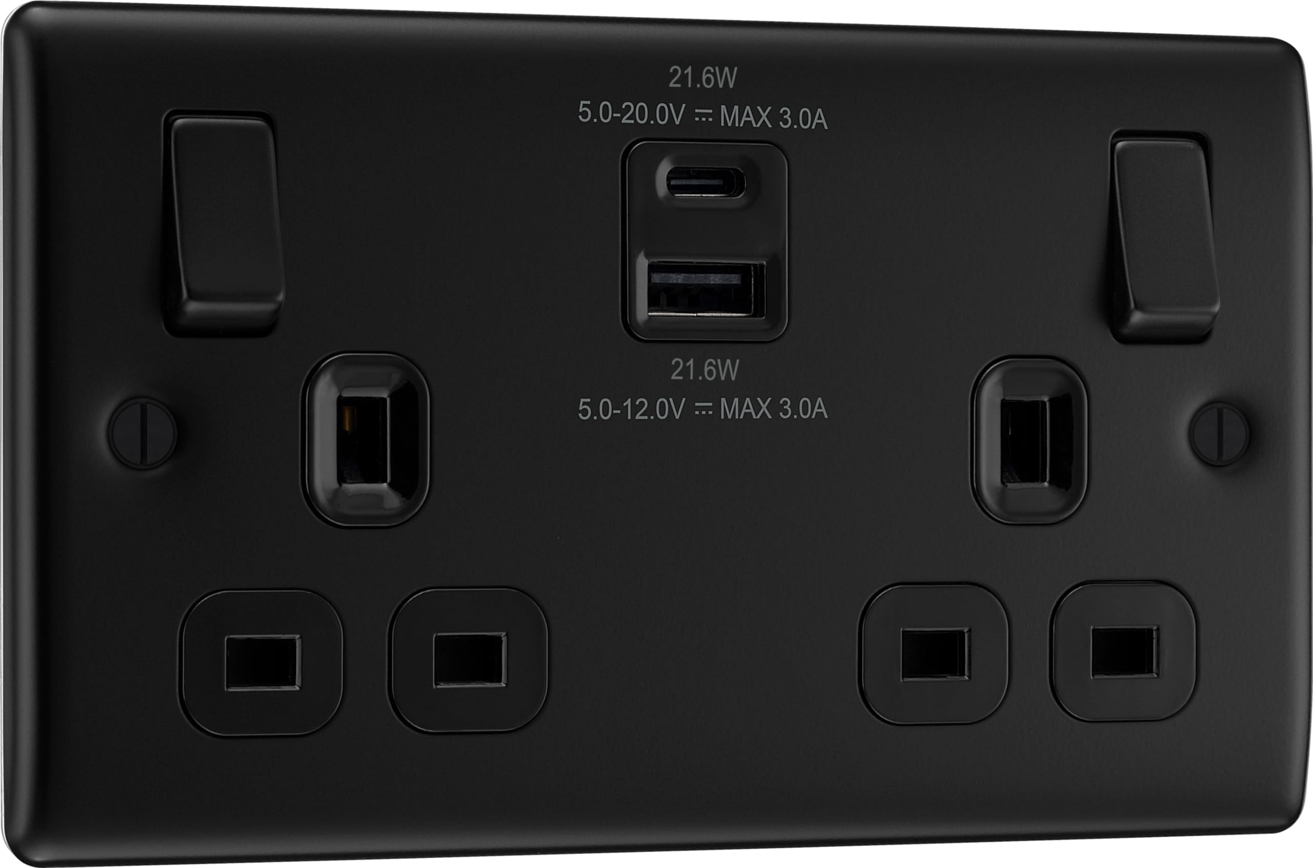 BG Electrical 22W Double Switched Wall Plug Socket with Fast Charge Type A & C USB Charging Ports, Nexus Metal, Matt Black, 13A, NFB22UAC22B