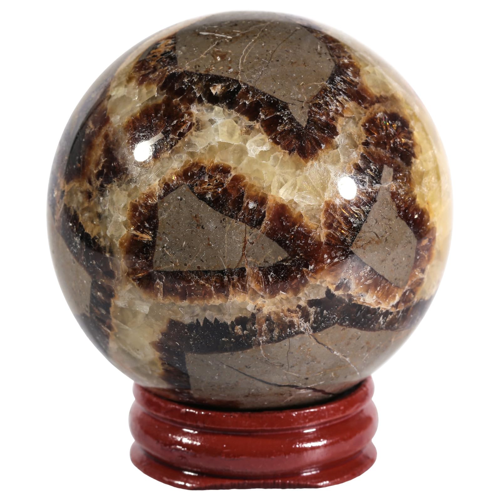 Nupuyai Natural Septarian Dragon Stone Ball with Wooden Stand, Geode Crystal Stone Sphere Feng Shui Office Home Decor Meditation Crystal Ball, 51-60mm