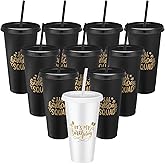 Jingmore Birthday Party Tumblers 24 oz Squad Plastic Tumblers with Lid and Straw for 20th 30th 40th 50th 60th Birthday Decorations Favor for Women Adults(White, Black,12 Pcs)