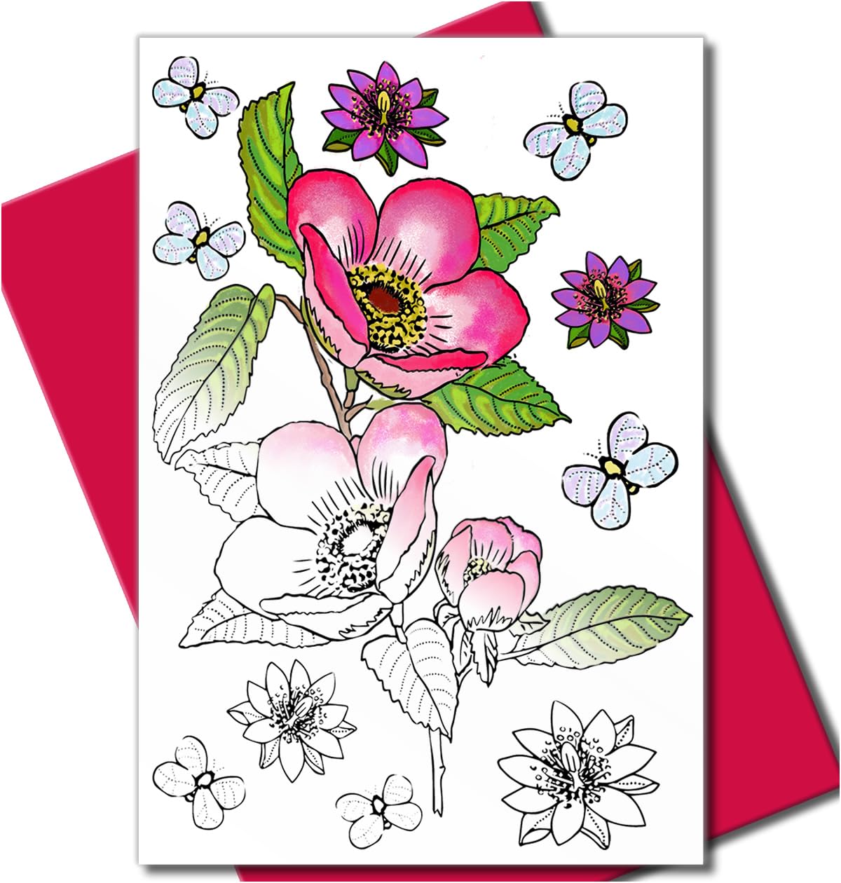Art Eclect Adult Flower Cards to Colour in for Birthdays, Anniversary, Thank You and Sympathy Notes, 10 Cards and 10 Envelopes (Set Flowers B/Pink)