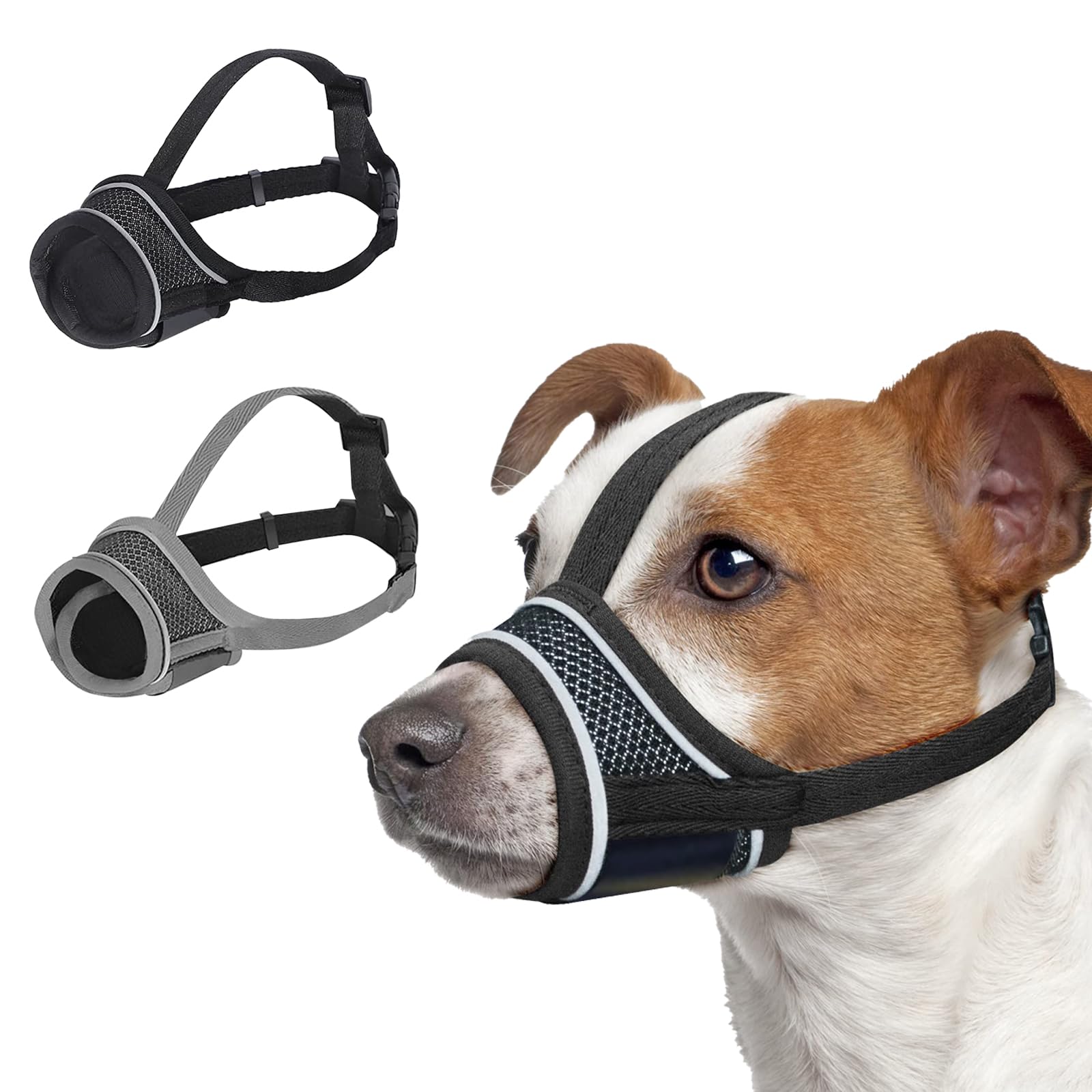 JSTHHTT Dog Muzzle 2 PCS, Breathable Mesh and Dog Muzzle, Adjustable Breathable Safety Biting Barking Chewing Control (L, Black Silver)