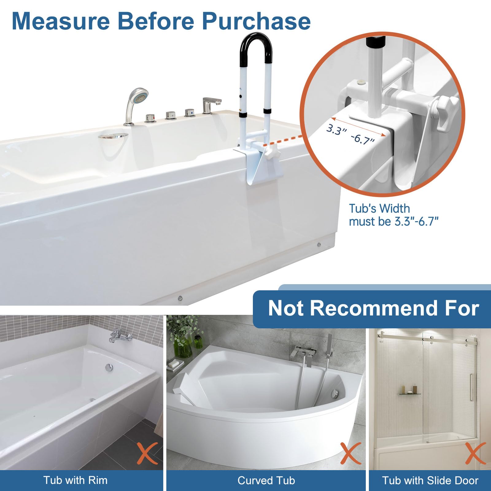 HEPO Adjustable Bathtub Grab Bars for Seniors, Bath Safety Grab Bar with Anti-Slip Cover for Elderly, Height and Width Adjustable