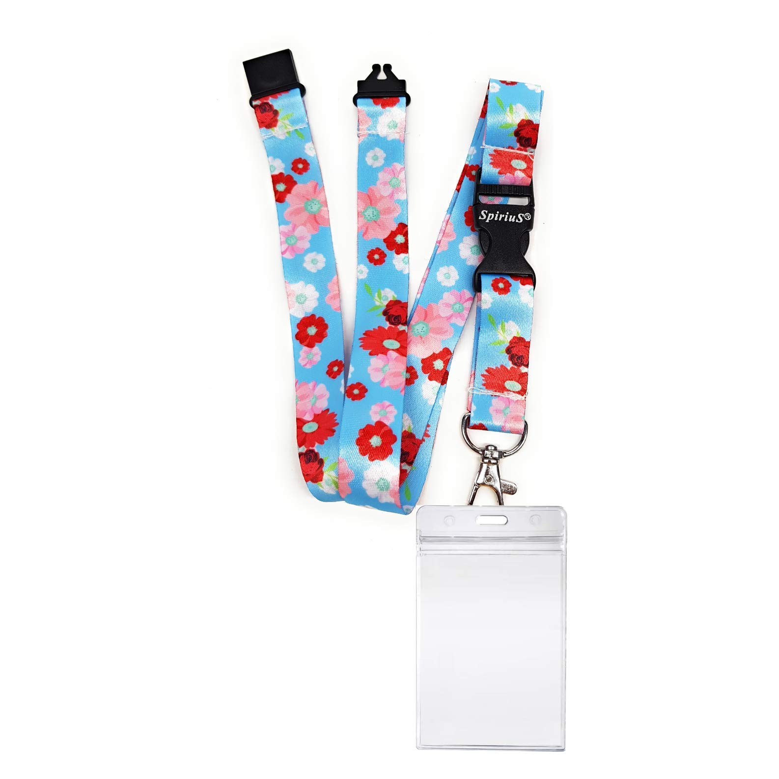 Spirius Lanyard Neck Strap + Waterproof Pattern Zip-Lock Design Id Badge Card Holder (Flowers in Blue)