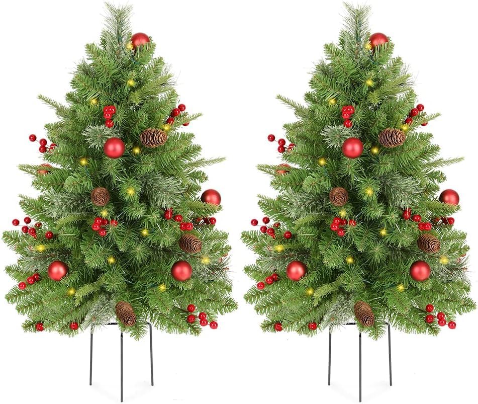 Trees - KING BIRD 2 Set 30 Inch Outdoor Christmas Tree, Pre-Lit LED Christmas Porch Decorations Outdoor Tree, 260 Branch Tips Lush, Pine Cones, Red Berries and Red Ball