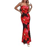 PRETTYGARDEN Womens Spring Dresses 2026 Sexy Strapless Tube Bodycon Mesh Ruched Floral Maxi Dress Wedding Club Outfits
