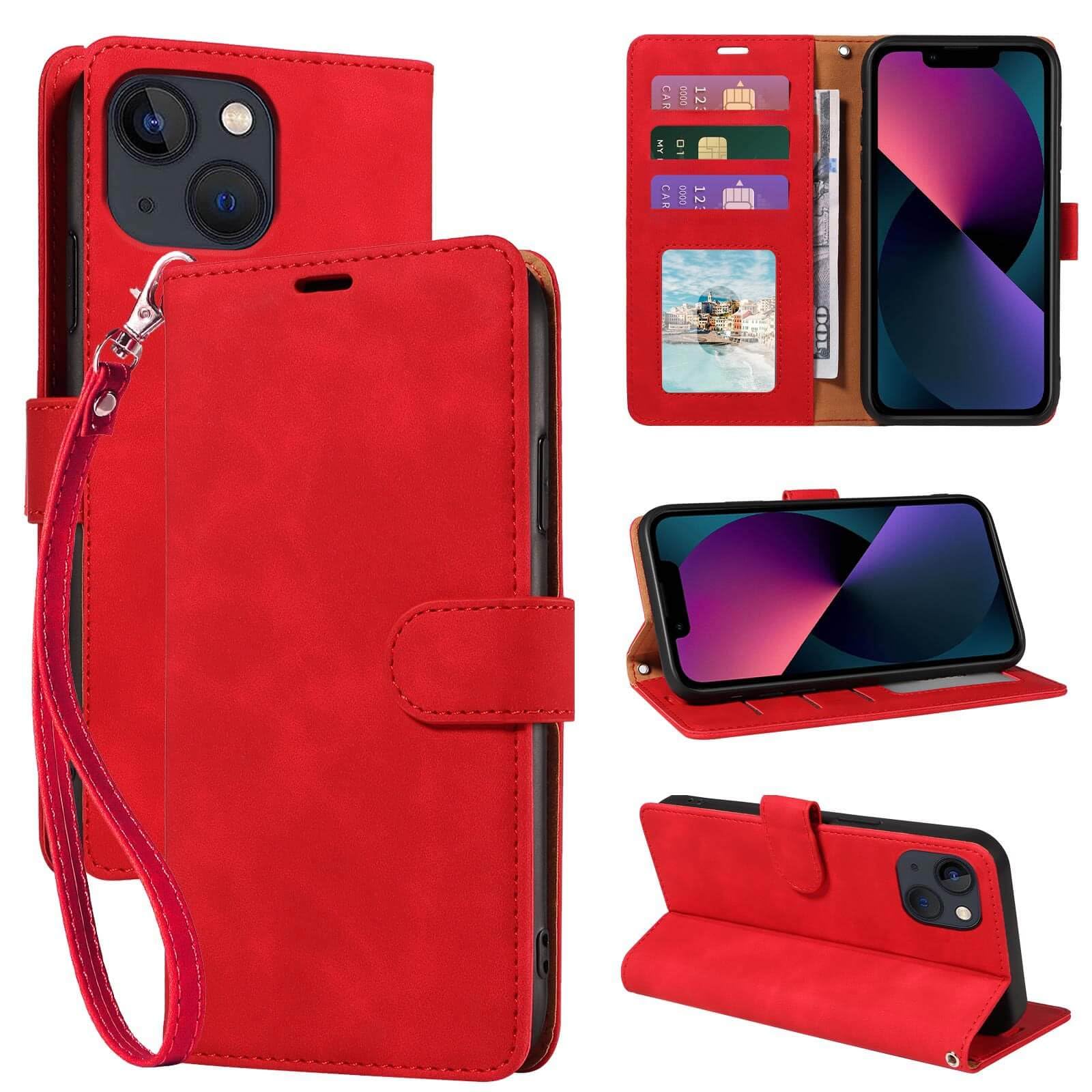 GOTOURED Wallet Phone Case for iPhone 13 Mini 5.4 inch, [RFID Blocking 3 Card Slots] [Wrist Strap] [Kickstand] Magnetic Closure Shockproof Protective Soft Leather Flip Cover (Red)