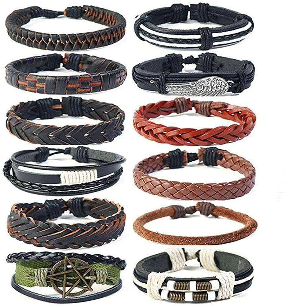 EVBEA 12PCS Mens Bracelets Braided Leather Wristband Punk Rope Cuff Vintage Wrap Set Adjustable Trendy Multilayer Bracelets for Boys