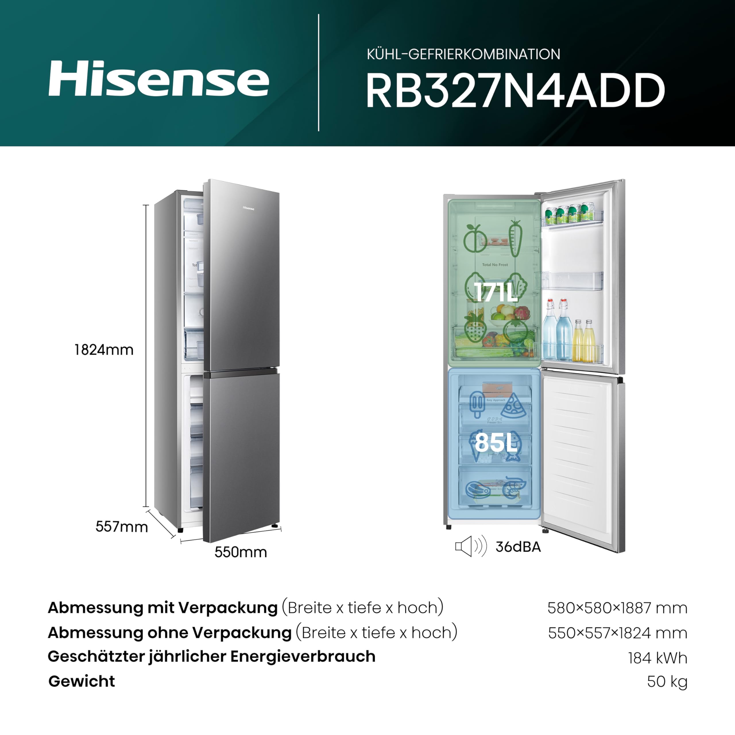 Hisense RB327N4ADD Kühl-Gefrier-Kombination, EEK D, Total NoFrost, wechselbarer Türanschlag, Flaschengitter, 171 Liter Kühlteil, 85 Liter Gefrierteil, Inox Look 2