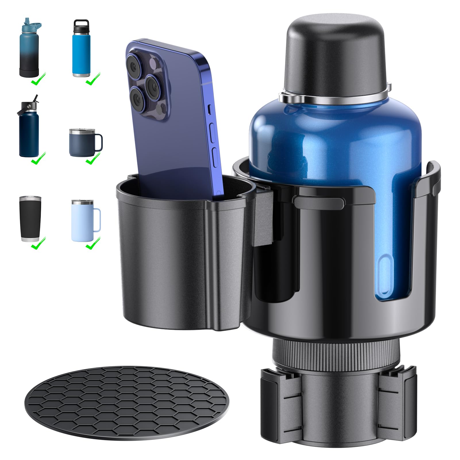 Photo 1 of 2-in-1 Car Cup Holder Expander, Upgraded Cup Adapter for Car with Offset Option,Phone Holder - Adjustable Base,Versatile Car Accessories Fits Yeti,Hydroflask & Large Water Bottles in 2.2"-4.2" (Black)