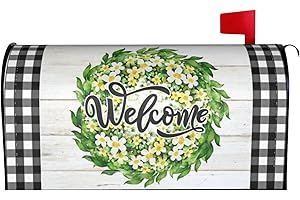 MIAOQUHE Welcome Wreath Mailbox Covers Magnetic Standard Size 21X18 Inch Spring Floral Wreath Mailbox Covers Buffalo Plaid Magnetic Mailbox Covers Decoration for Outside