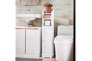 Hestiamo Toilet Paper Storage Cabinet – Slim White Bathroom Floor Standing Organizer – Space-Saving Toilet Paper Holder for S