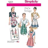 Simplicity S1221 Vintage Apron Sewing Pattern, Misses' 1940s Aprons with Halter, Cross-Back &amp; Waist Styles, Sizes S-L