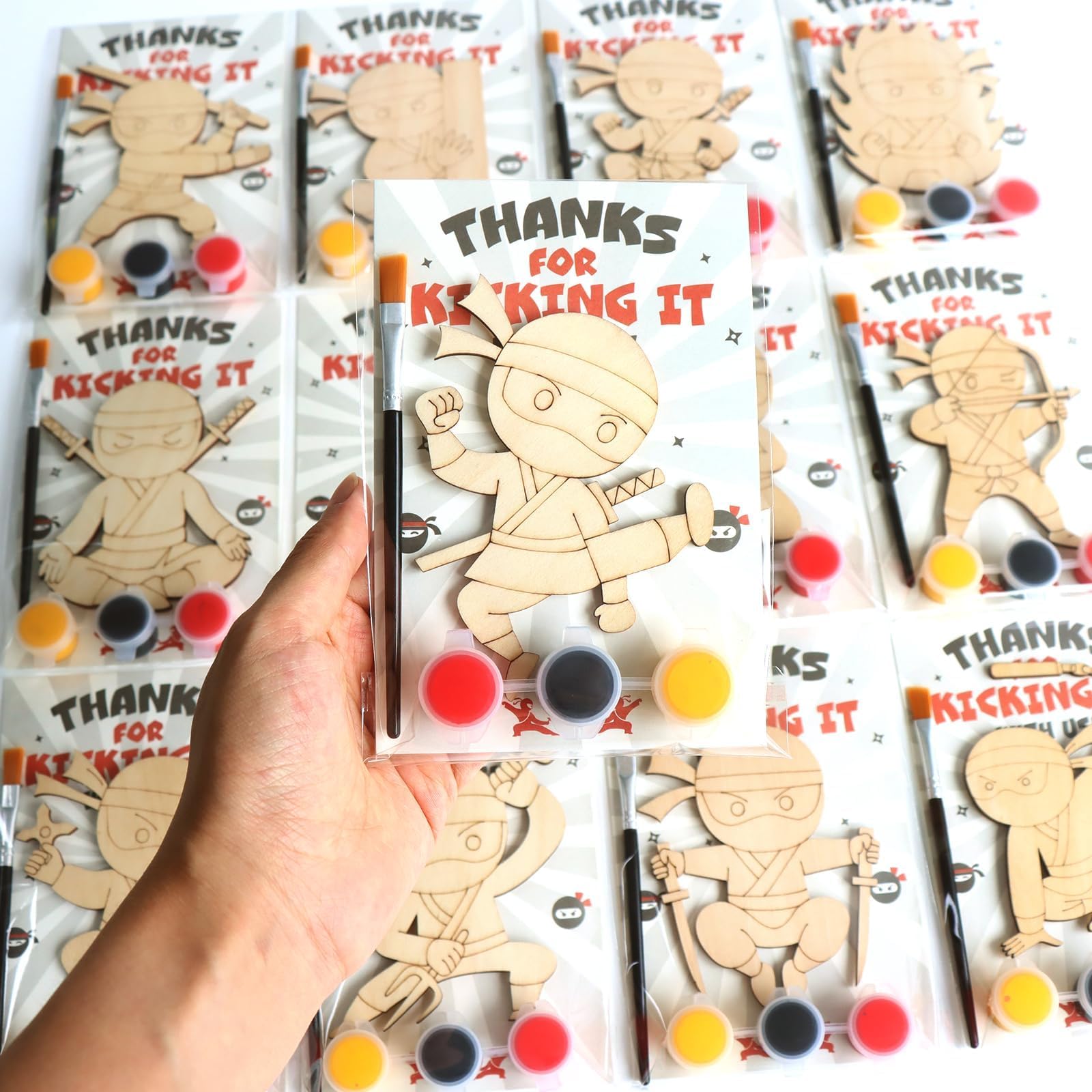 Photo 1 of 12 Pack Ninja Party Favors for Kids - Individually Wrapped Paint Your Own Wooden Magnet Craft Kits with Thank You Card, Stealthy Birthday Decorations for Boys & Girls