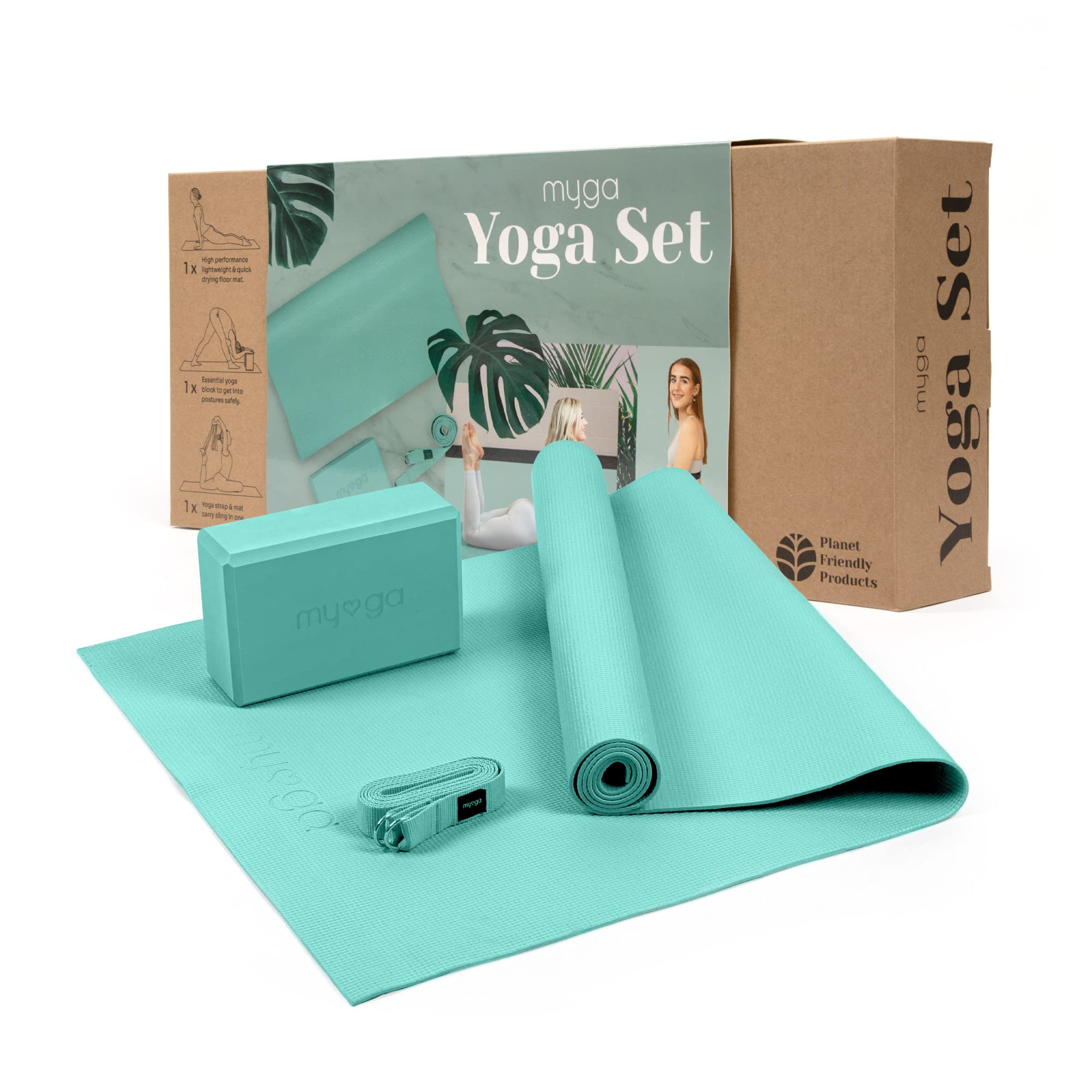 Myga RY889 Yoga Starter Set with Studio Yoga Mat, Yoga Block Brick and Metal D-Ring Yoga Strap - Yoga Beginners Starter Kit - Complete Set - Turquoise
