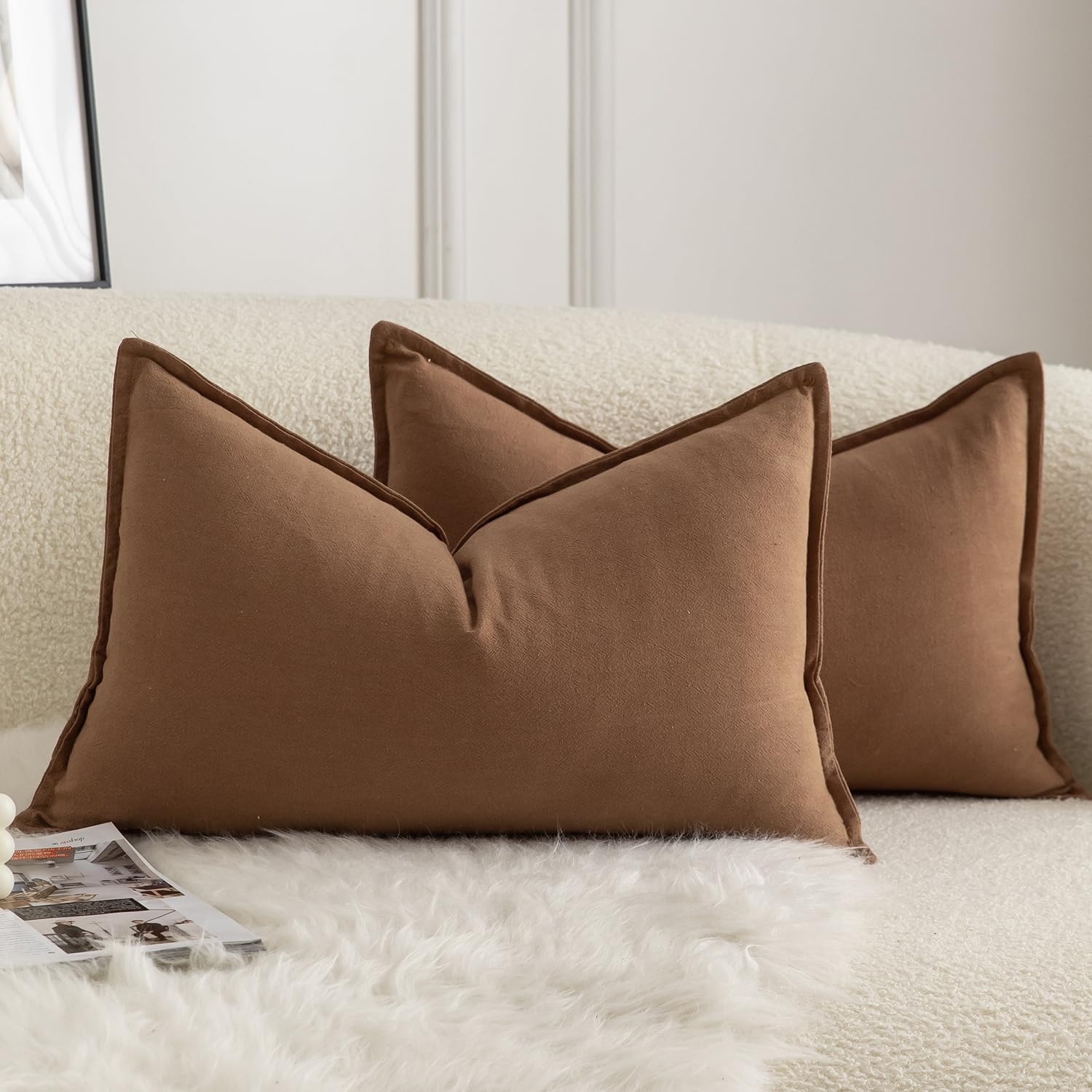 Mandioo Pack of 2 Neutral cotton Cushion Covers 30x50 cm 12x20 inch Solid Decorative Couch Throw Pillowcase Boho Farmhouse Home Decor for Sofa Living Room Bed Bedroom Brown