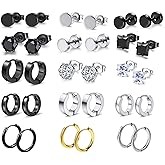 SIEYEAY 15 Pairs Black Earrings for Men, Stainless Steel Hoop, Stud, CZ Studs, Unisex, Hypoallergenic