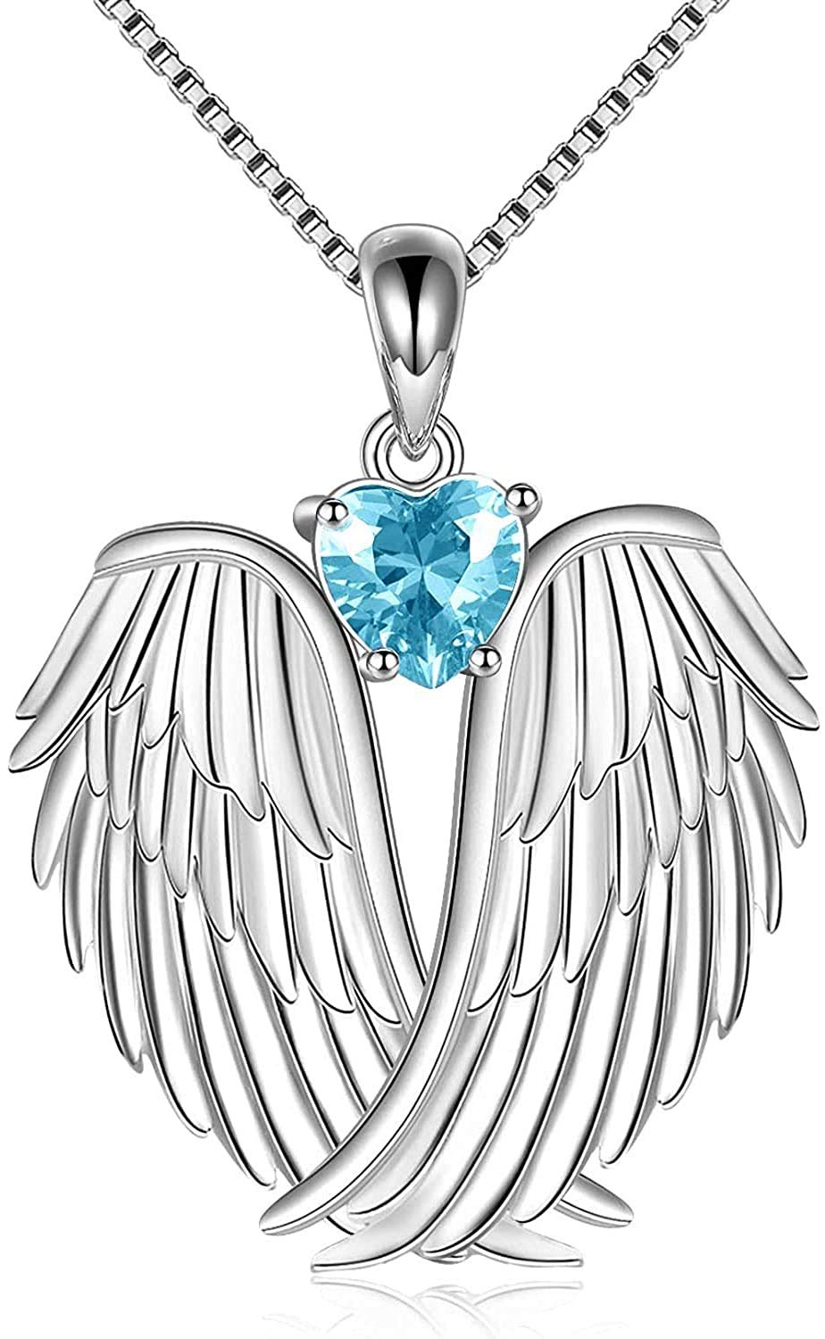 YAFEINI Angel Wings Necklace Sterling Silver Guardian Angel March Birthstone Necklace Wings Pendant Jewelry for Women Gifts