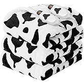 RUJIPO Cow Print Electric Heated Blanket King Size,90X100 Black Heating Blanket King with Dual Control&Timer&10 Heat Level,Cute Cow Decor Fleece Sherpa Blankets Warmer Gifts for Bed Women Adults