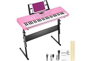 RIVVTA 61 Key Keyboard Piano with Stand for Beginners Portable Electronic Keyboard Piano Kit with 200 Tone 200 Rhythm 60 Demo with Microphone Power Supply Sheet Music Stand Pink(REK-10)