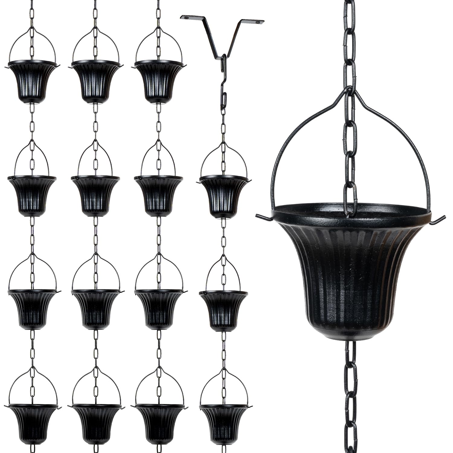 Photo 1 of MyGift 10 ft Decorative Rain Chains with 15 Ribbed Bell Cups and V-Hook, Black Metal Rainwater Downspout Replacement for Outside House Gutter Drain Spout