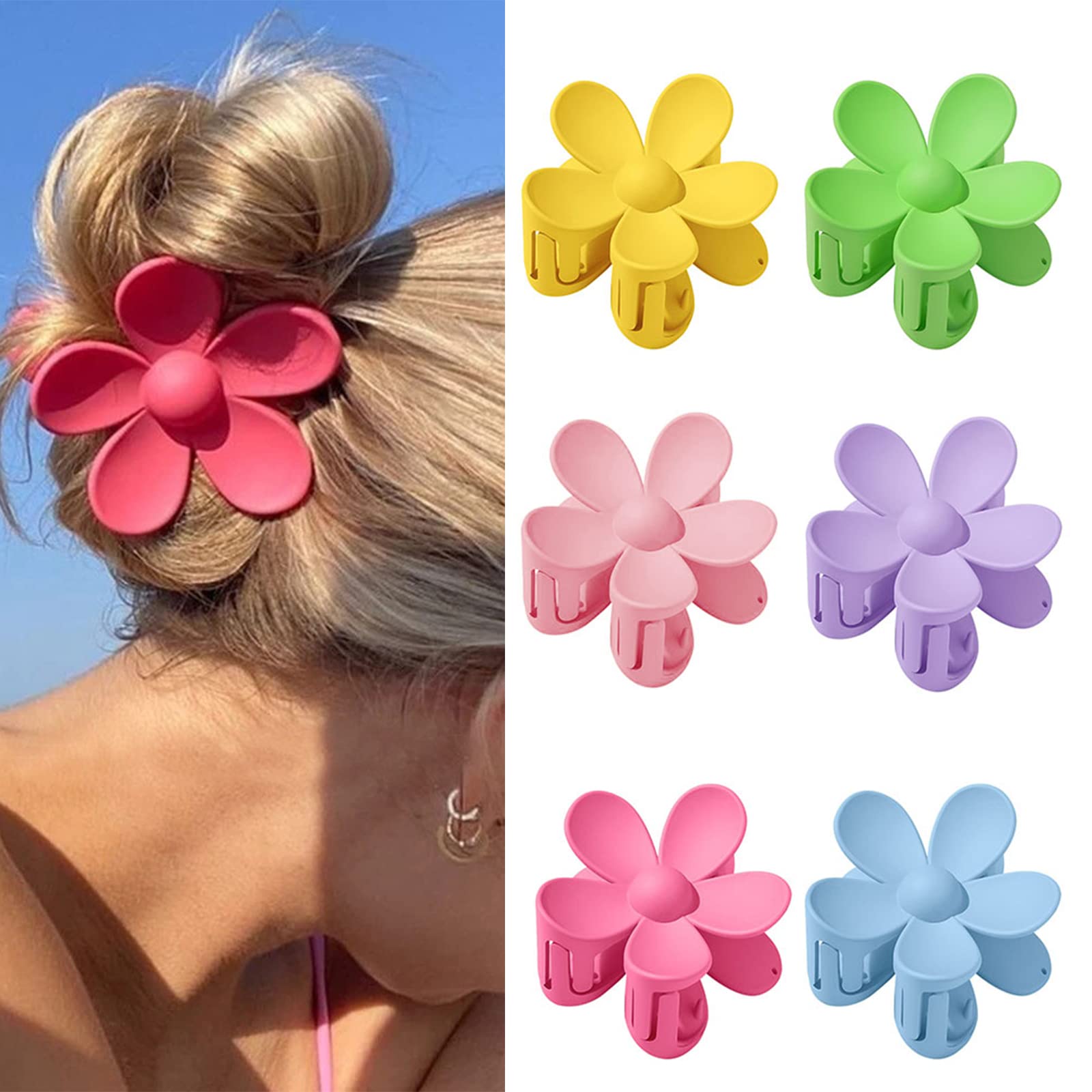 6 Pieces Non-Slip Colourful Large Hair Clips, Hair Clips with Flowers, Large Plastic Hair Clips, for Bathing, Washing Face, Makeup, Parties, 6 Colours …