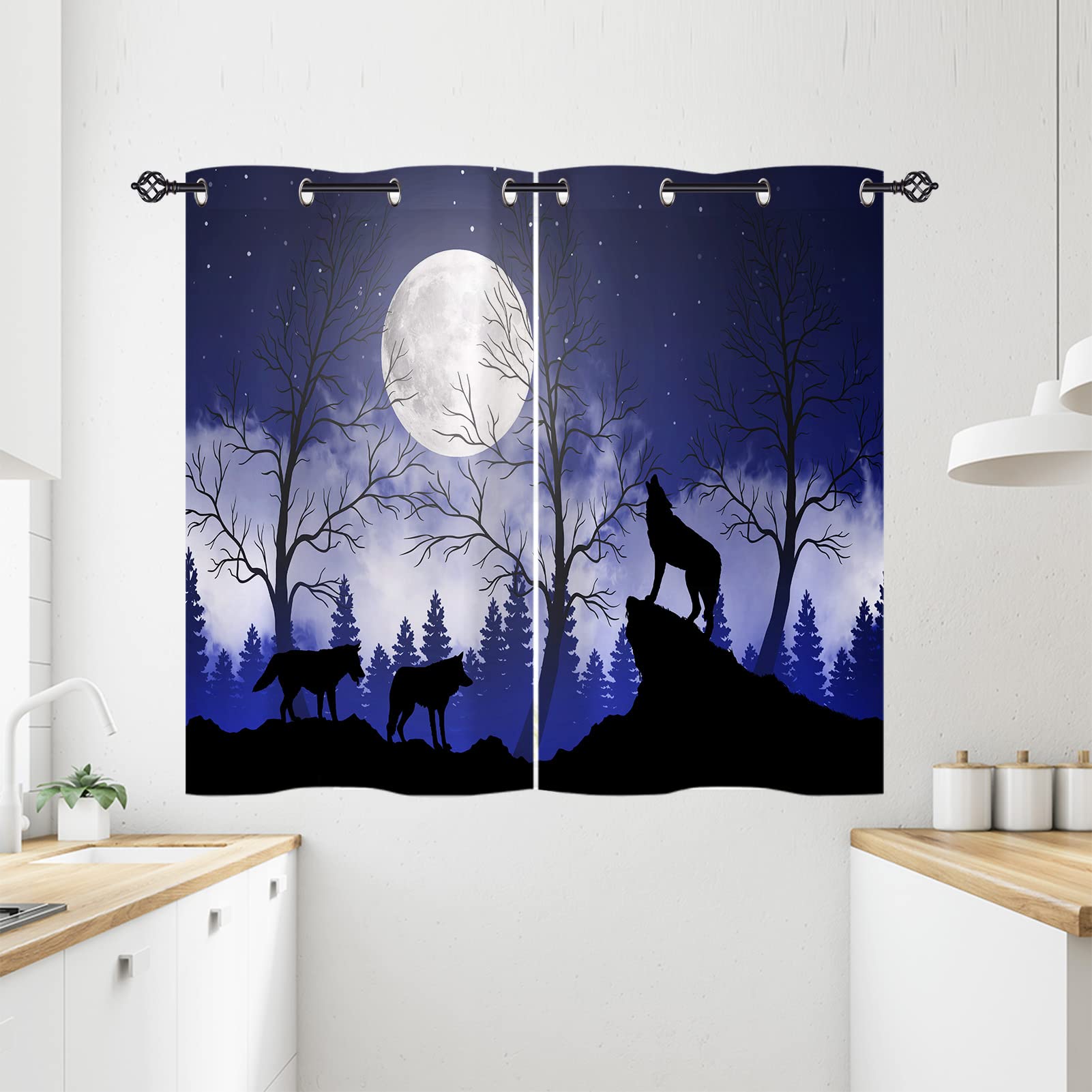ANHOPE Wolf Curtains Eyelet 80% Blackout Room Darkening Curtains Forest Animal Wolves Moon Print Pattern Thermal Light Blocking Window Drapes for Bedroom Living Room 28 x 54 Inch Drop 2 Panels