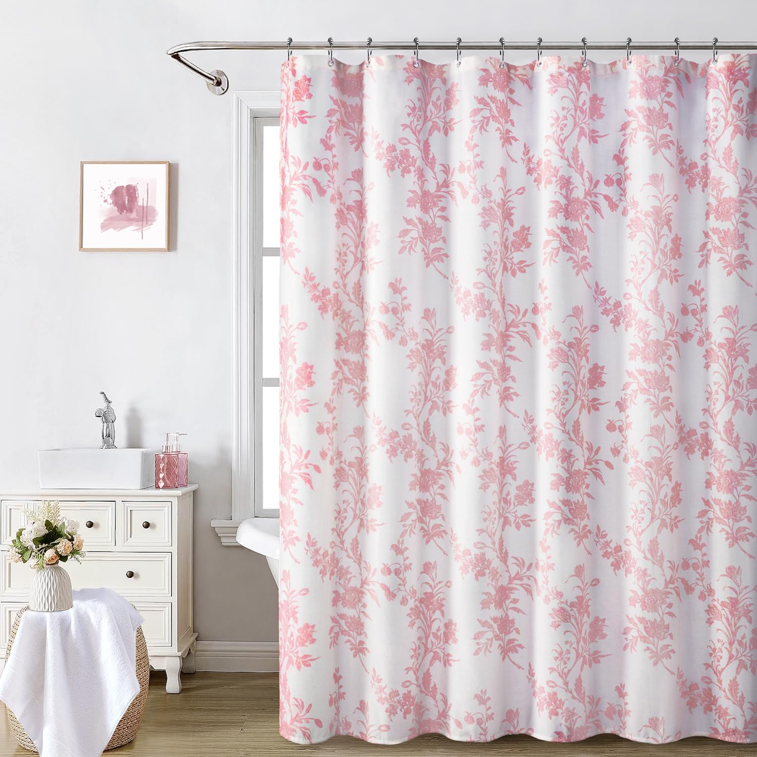 Photo 1 of Awellife Pink Shower Curtain,Cotton Floral Cottagecore Spring Shower Curtain for Bathroom 72" W x 72" L