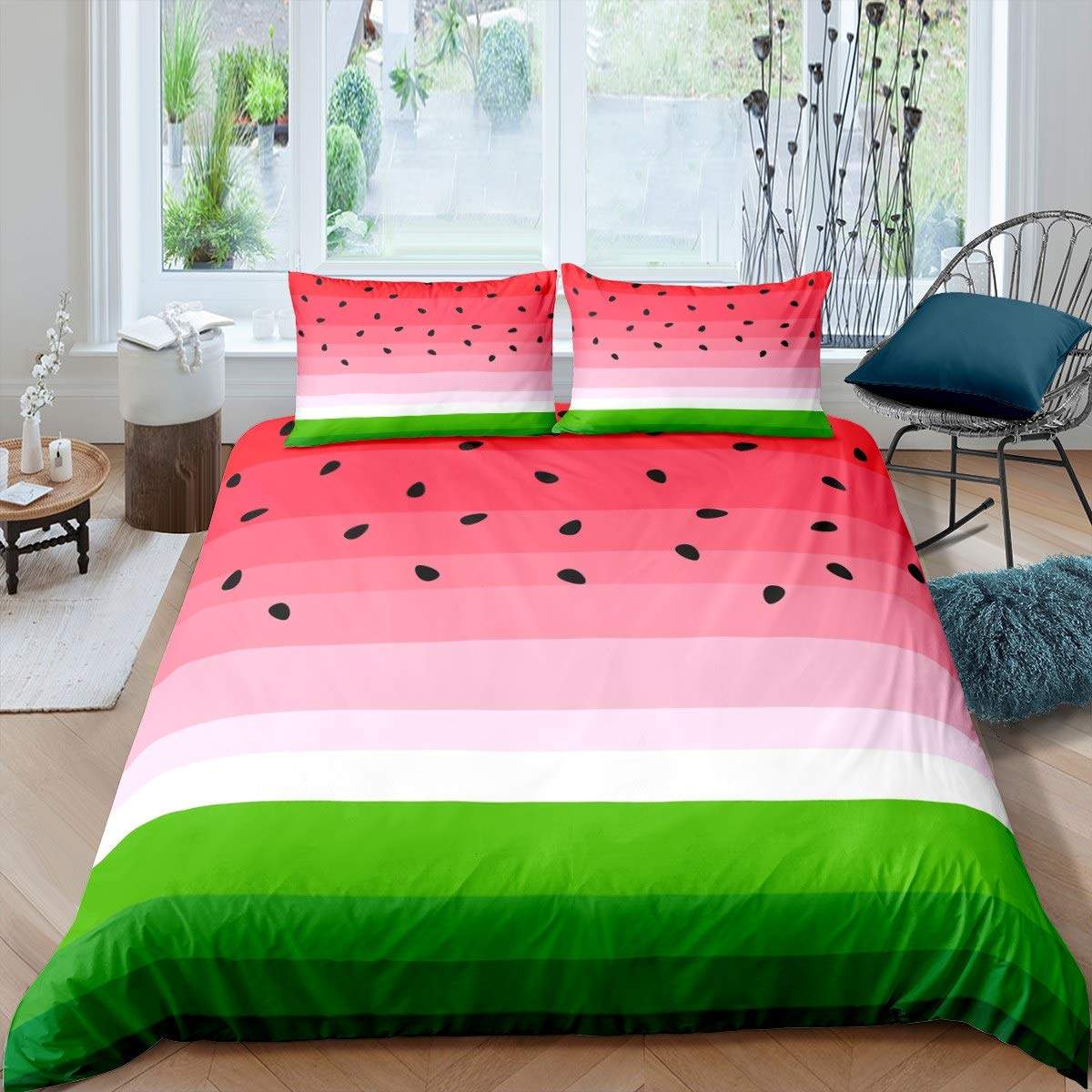 Loussiesd Watermelon Bedding Set Tropical Fruit Print Comforter Cover for Kids Girls Women Fresh Pineapple Stripe Duvet Cover Breathable Red Green Bedspread Cover Room Decor Quilt Cover Double — image 1