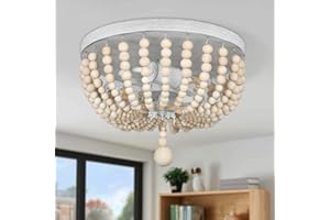 VERRON Boho Wood Bead Chandelier, Retro Ceiling Lamp, Farmhouse 2-Light Pendant Light Fixture, Semi Flush Mount Ceiling Light for Living Room Entryway Hallway Kitchen Dining Room Baby’s Nursery, Oak& White