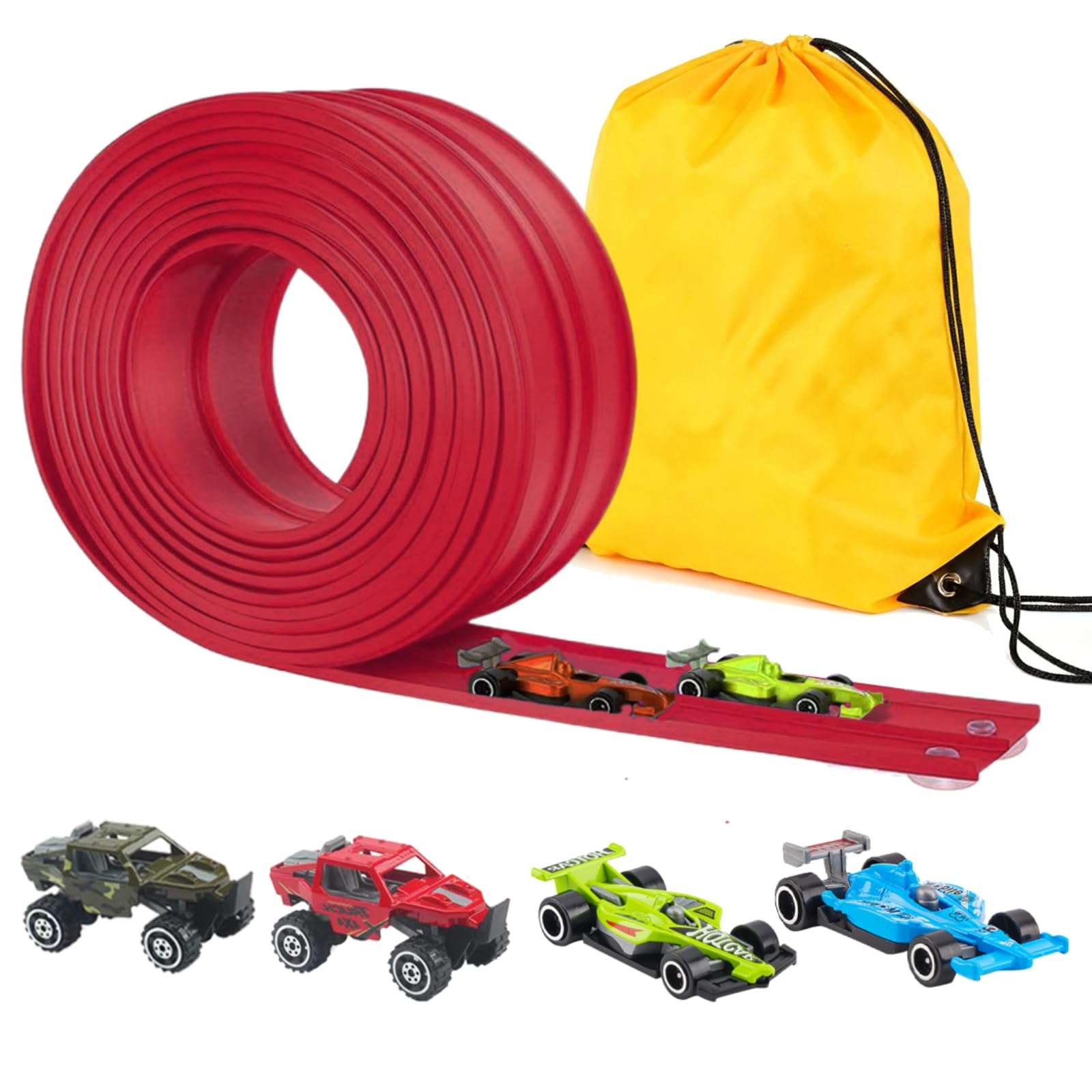 Kosmoflux Car Track Flexible Racing Track with 4 Die-Cast Cars and Portable Storage Bag, Speed Track Race Car Toy for Loops, Jumps, Ramps, Indoor Outdoor STEM Gift for Boys Girls 3-8 Years (Red)