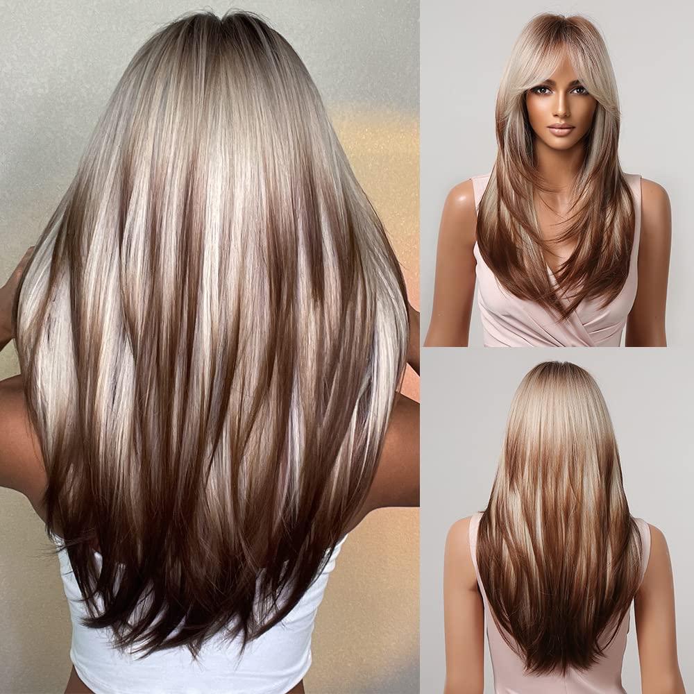 Allbell Blonde Brown Highlights Wigs with Bangs Long Straight Layered Wig for Women Heat Resistant Syntehtic Natural Hair Wigs — image 1