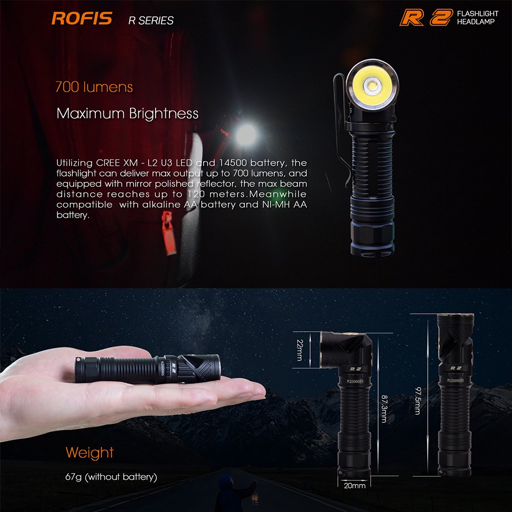 ROFIS R2 Fackeln/ Scheinwerfer 700 Lumen CREE XM-L2 LED Kaltes Weiß