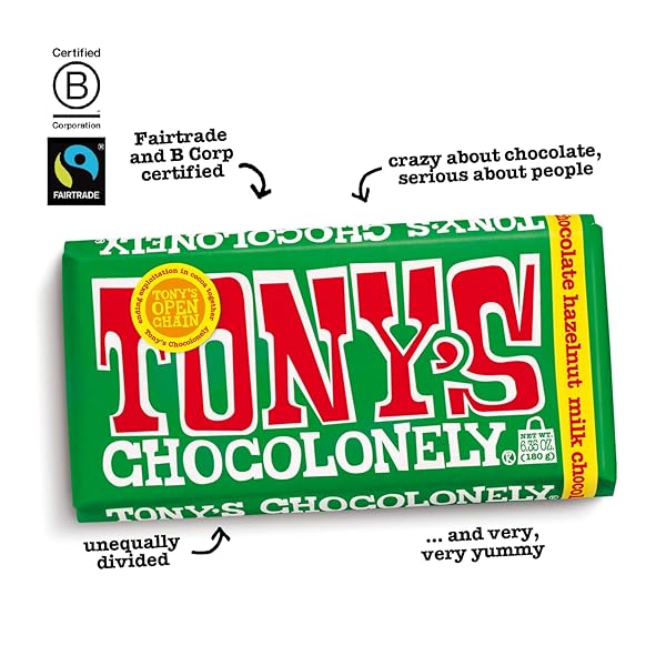 TONY’S CHOCOLONELY BELGIAN MILK CHOCOLATE HAZELNUT CANDY BAR FOR SNACKS, CHOCOLATE BAR FOR PARTY FAVORS, GIFTS, OR GIFT BASKET, 32% CACAO, MADE FROM QUALITY FAIRTRADE COCOA, 6.35 OZ