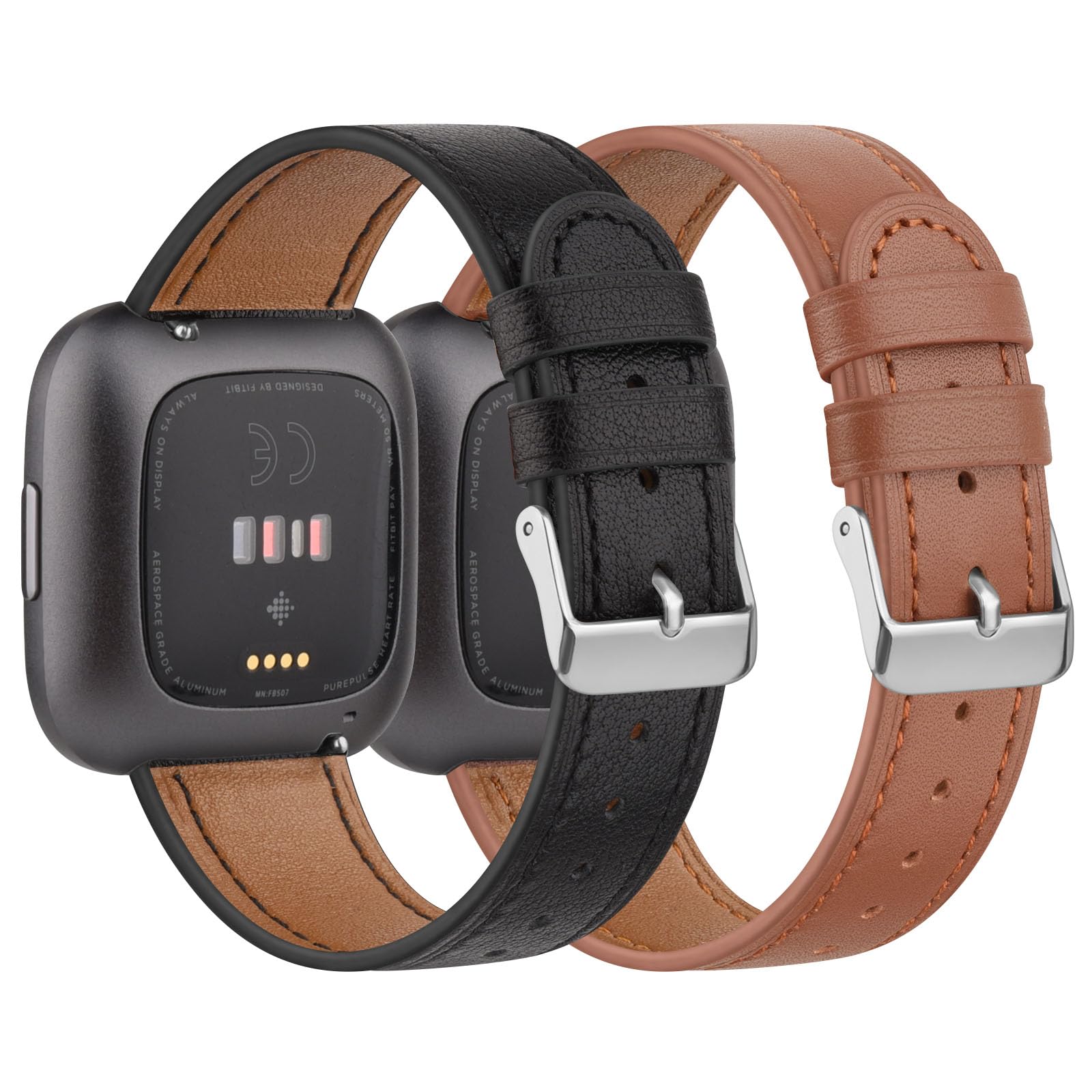 AK Leather Strap Compatible With Fitbit Versa 2/Versa/Versa Lite for Women Men - Classic Replacement Band (Black & Brown)