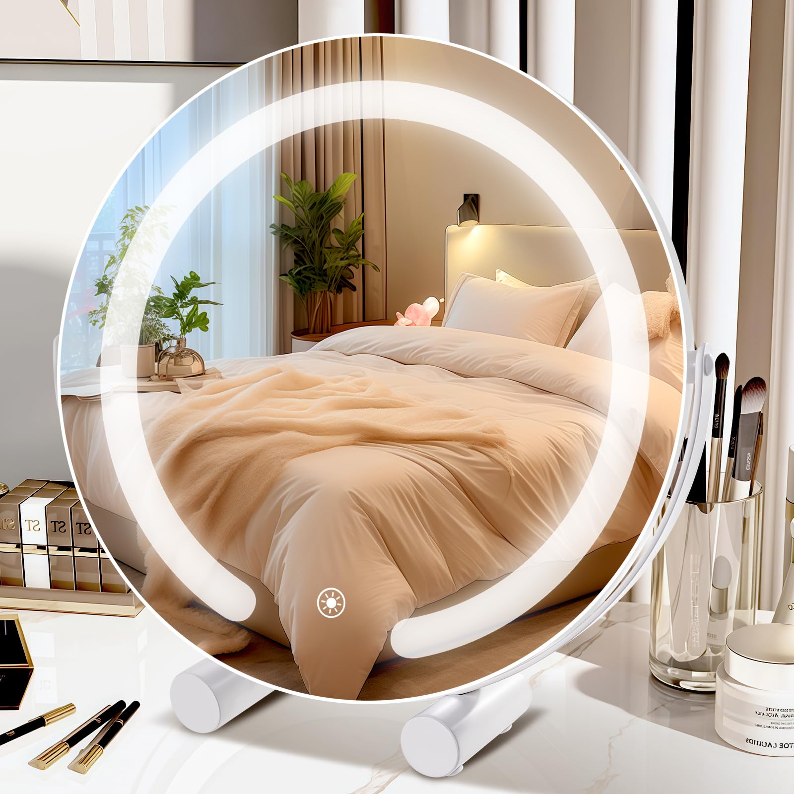 Photo 1 of Bearolve Vanity Mirror with Lights, 12" LED Makeup Mirror, HD Professional Mirror, Smart Touch with 3-Color Lighting, Dimmable, 360° Rotation, Lighted Up for Makeup Desk, Bedroom (White)