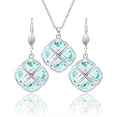 Qinpan 14MM Crystal Pendant Necklace Earrings Sets for Women 14K Glod Plated Jewelry