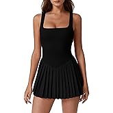 QINSEN Womens Square Neck Tennis Dress Pleated Sleeveless Built in Shorts Golf Athletic Dress with Pockets