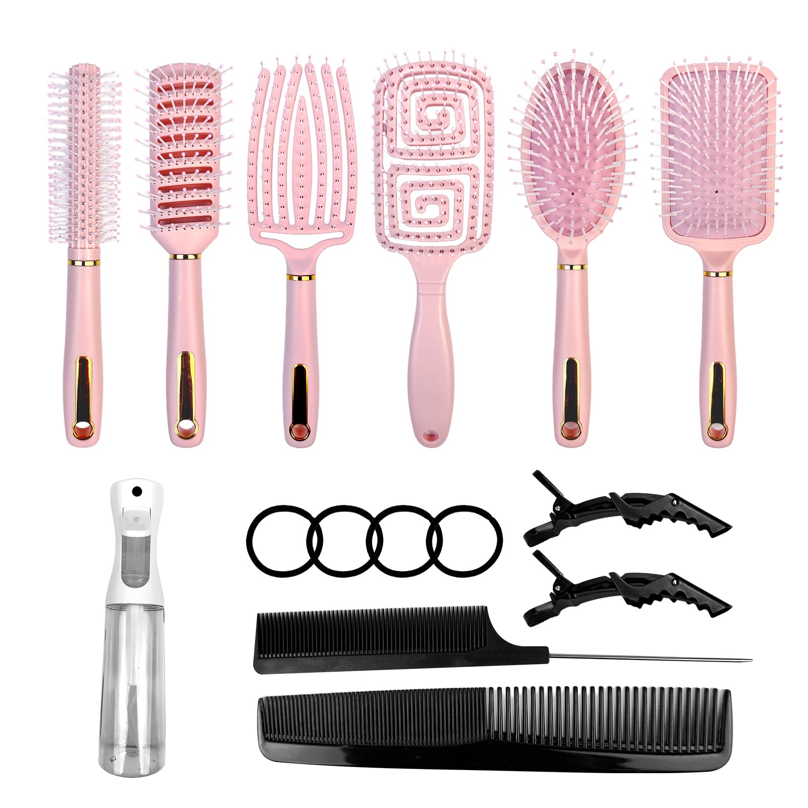 Photo 1 of 11PCS Hair Brush Set, Round Brush and Paddle Hair Brush Great On Wet Long Thick Hair, Detangling Brush and Spray Bottle for Wavy Curly Hair Pink