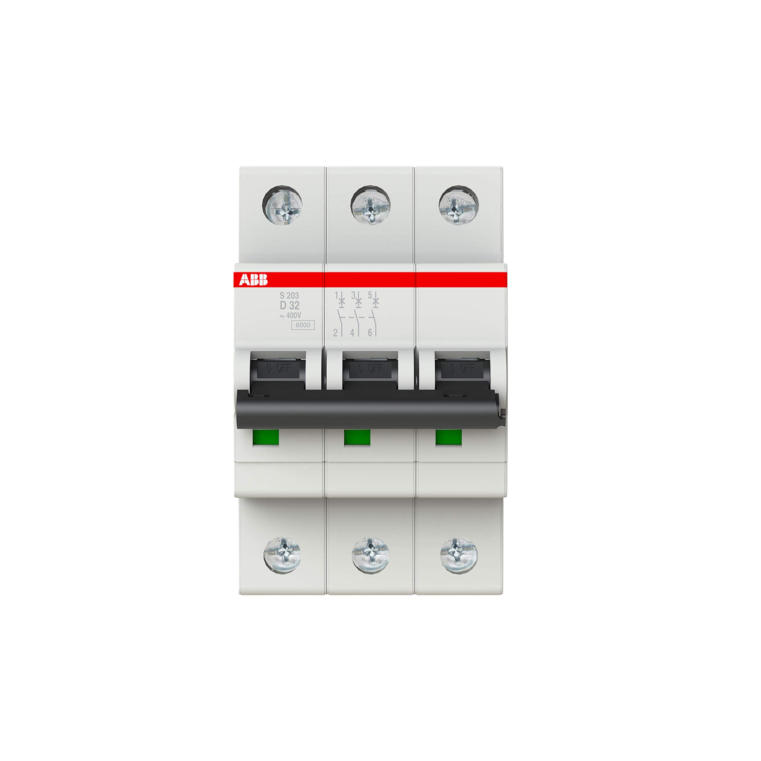 ABB S203-D32 Miniature Circuit Breaker, 3 Pole, Type D, 6/10kA Breaking Capacity, 32 Amp Current (2CDS253001R0321)