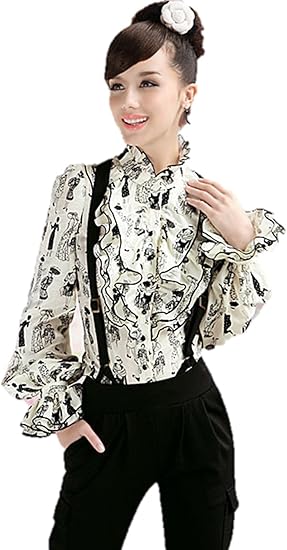 Amazon レディースシャツ 長袖シャツ ドレスシャツ スタンドネック プリントシャツ バストプリーツ フラウンス フリル リボン パフスリーブ フロントボタンダウン クラシックレトロ ｏｌ エレガント 春秋 クマのぬいぐるみ付き K 1905 M シャツ ブラウス 通販