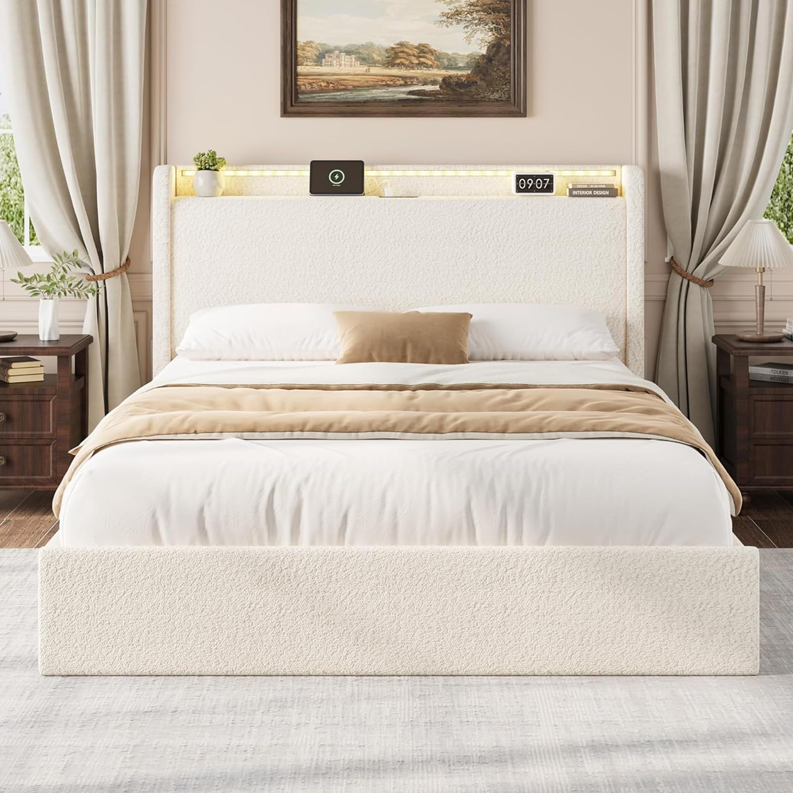 Photo 1 of ** USED** GAOMON Boucle Queen Bed Frame with Storage Headboard, Upholstered Bed Frame Queen Size with Charging Station, LED Lights, 4 Storage Drawers, No Box Spring Needed, Noise Free, Beige