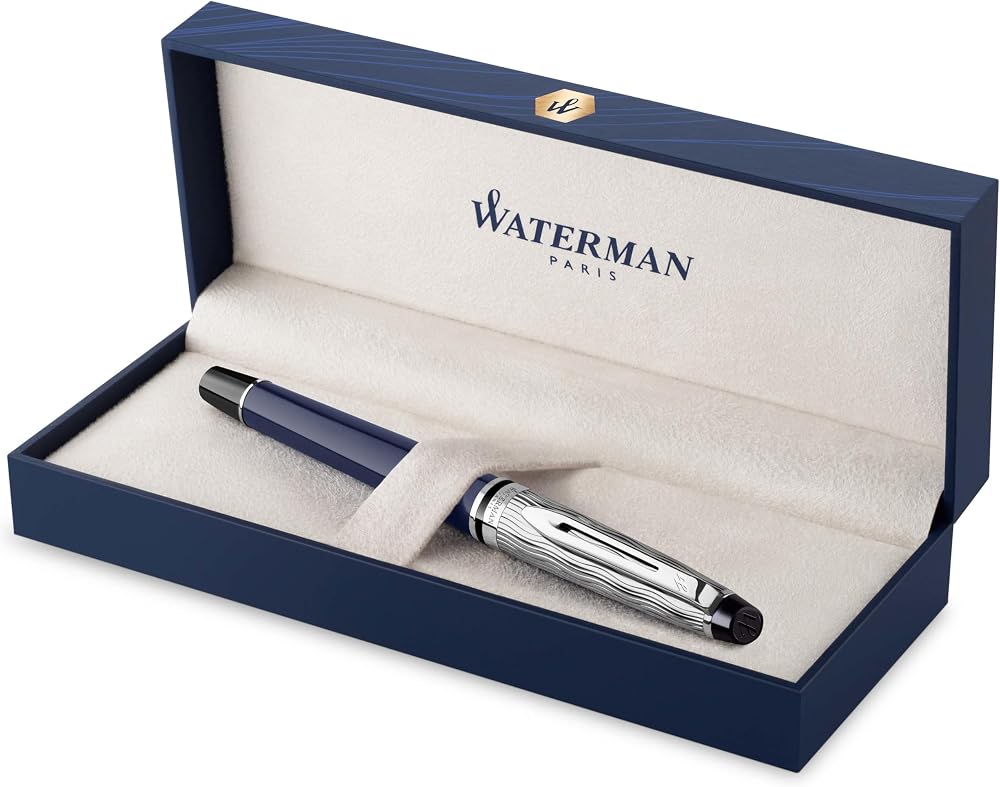 Waterman Expert Fountain Pen Blue Lacquer Chiselled Cap Stainless Nib Gift Box