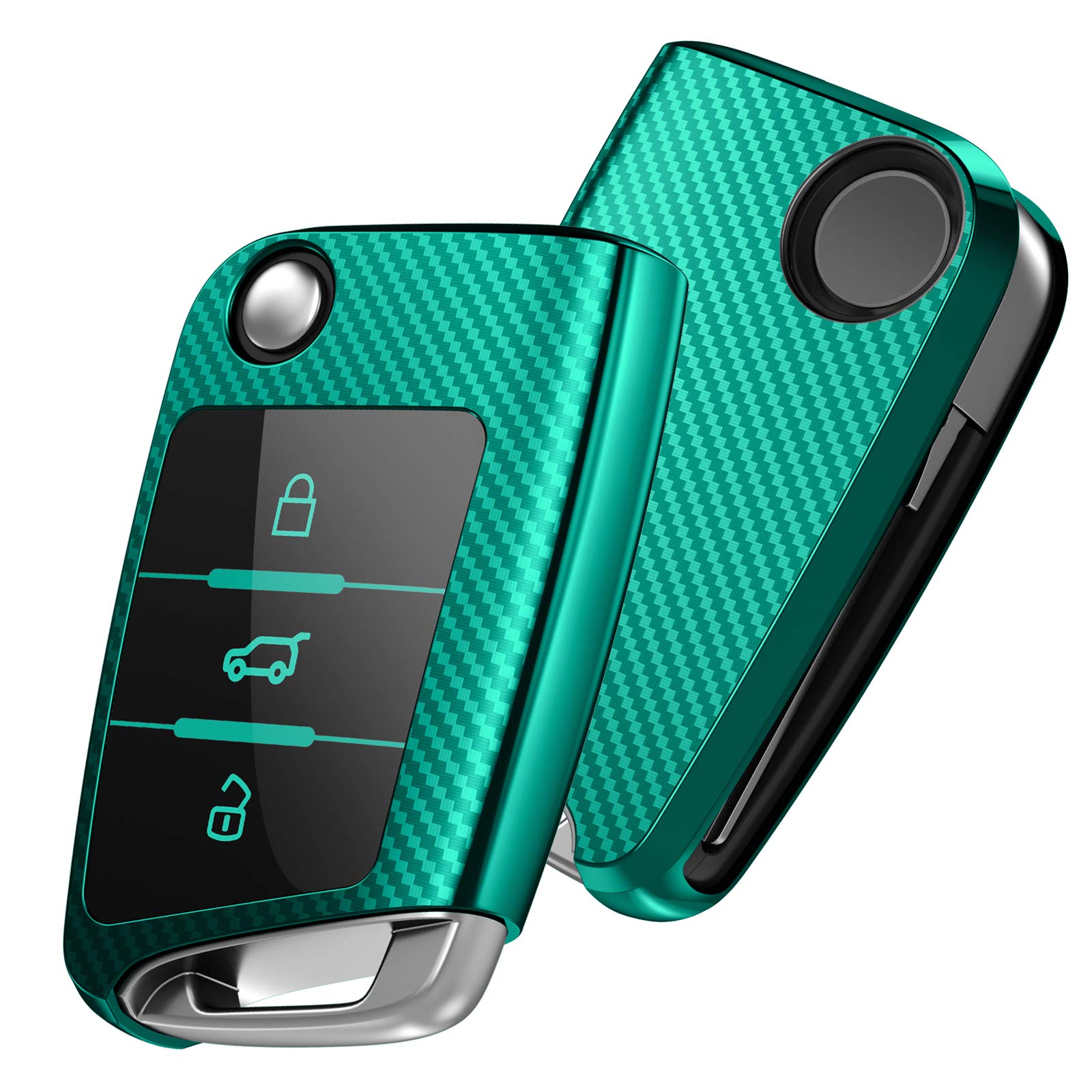 OATSBASF Car Key Cover Compatible with VW,Car Key Case for VW Golf 7 Polo Skoda Seat TPU Silicone 3 Buttons Box (Green-Stripe)