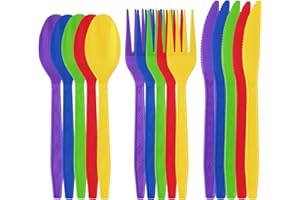 Sveikie 150 Pcs Disposable Rainbow Plastic Silverware Set | Neon Cutlery, Fork, Knife And Spoon | Multiple Color Combinations | Suitable For Wedding Birthday/Family Gathering/Party Supplies