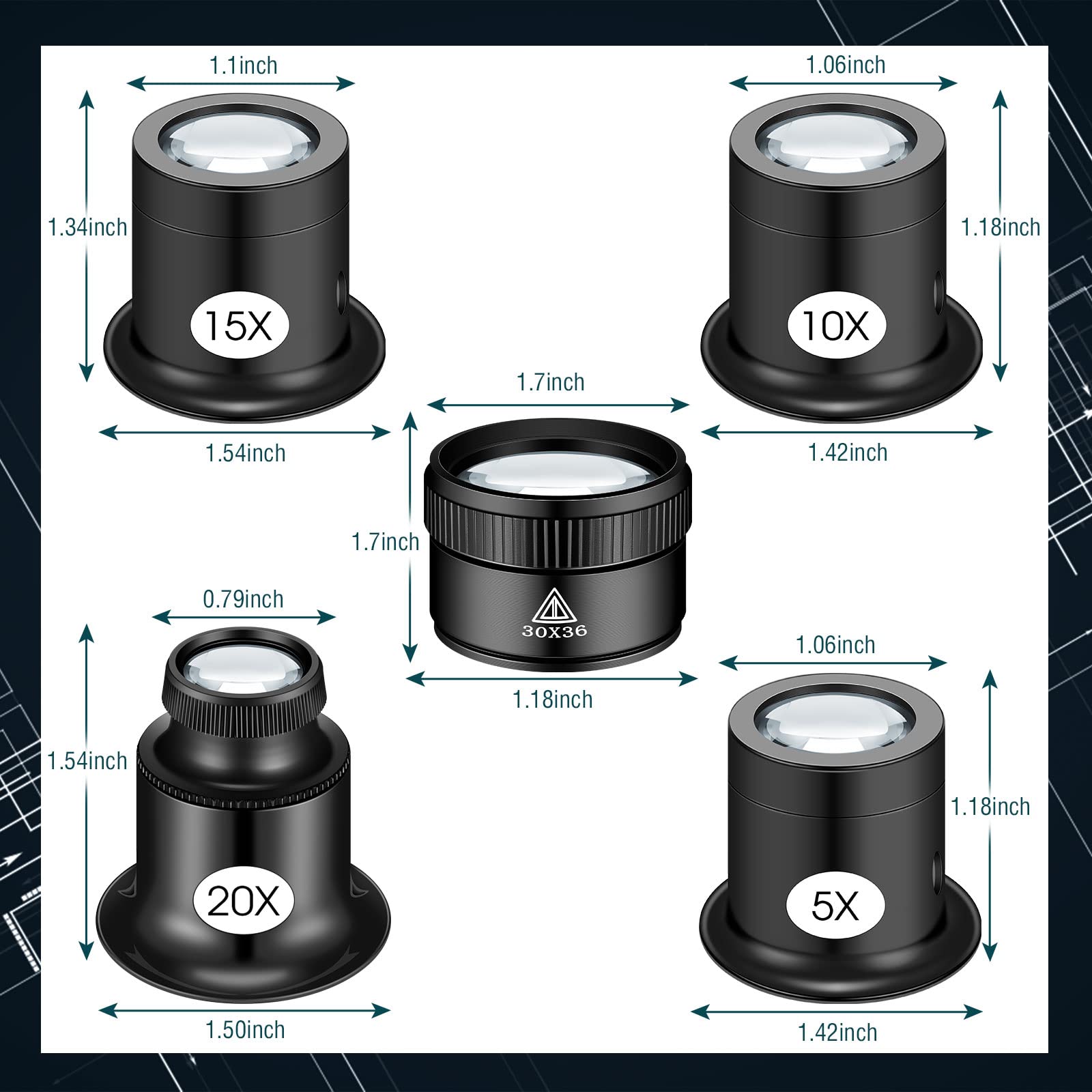 5 Pcs Jewelers Loupe Portable Monocular Magnifier Magnifying Glass Eye Loops Magnifier with 30 x 36 mm Lens Watch Jewelry Experimental Repair Tool for Textile Optical Circuit Coins (5X 10X 15X 20X)