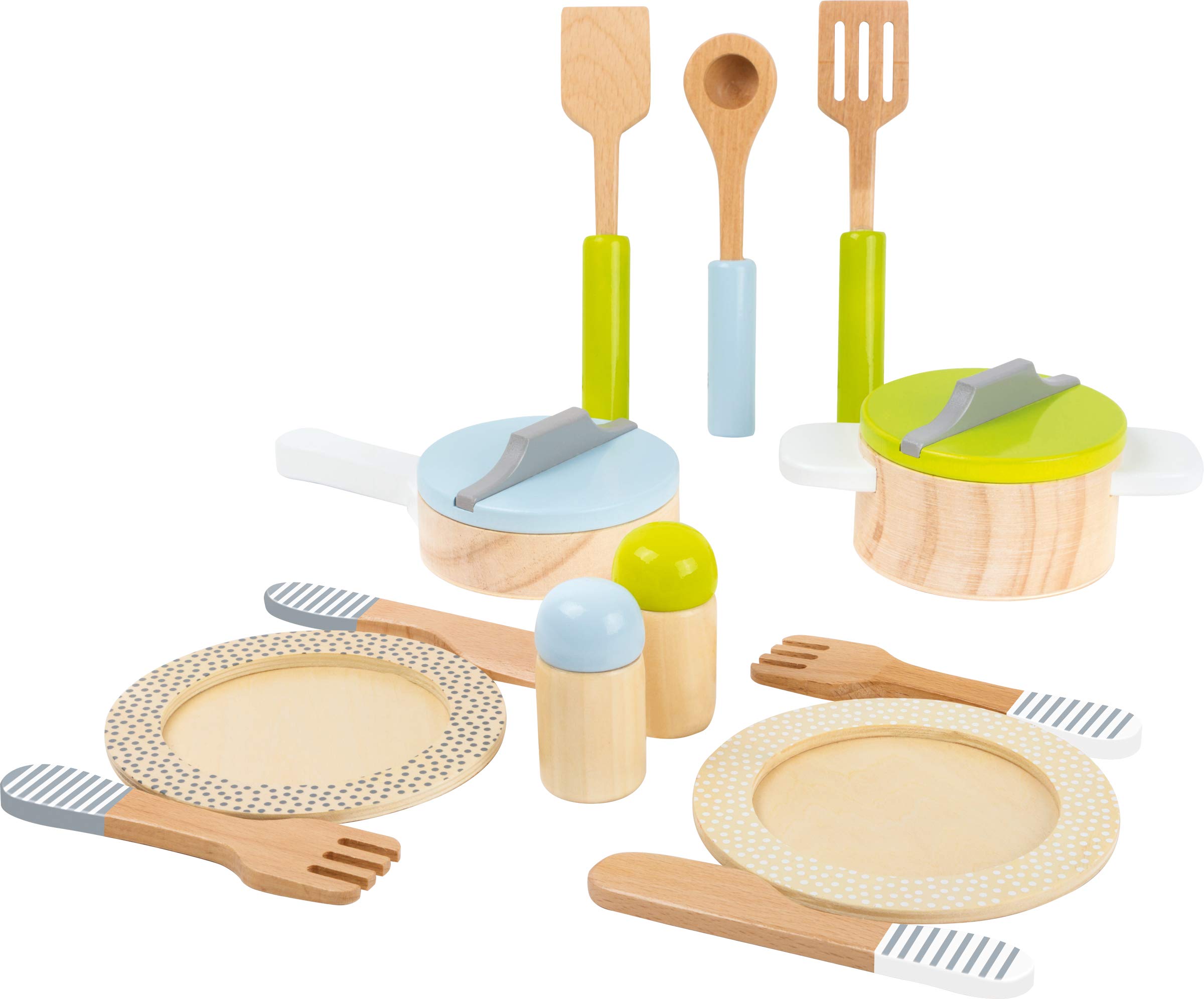 small foot 11098 Dishes and Cookware Set "Play Kitchen" made of wood, perfect addition to every play kitchen, 15 pcs.